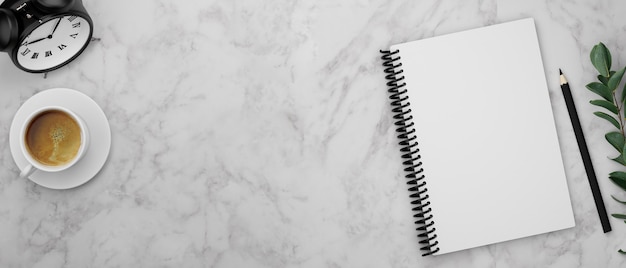 Blank notebook on marble desk with pencil coffee cup clock copy space and leaves 3D rendering