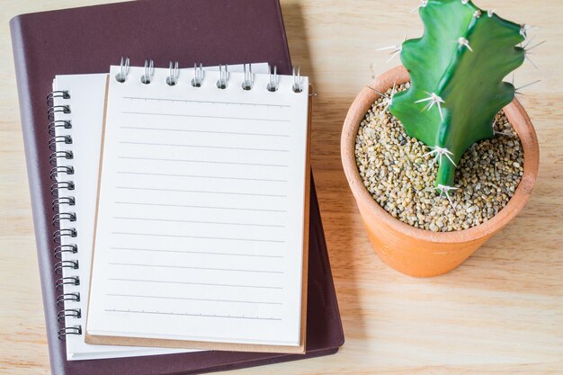 Blank notebook paper with cactus in clay pots on a wooden table picture used for add text or education messagexA