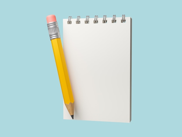 Blank notebook and pencil on a green background 3d render