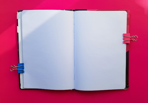Blank notebook on a red background. Empty pages of an open book, space for writing and text. View from above. Copy space, flat lay.