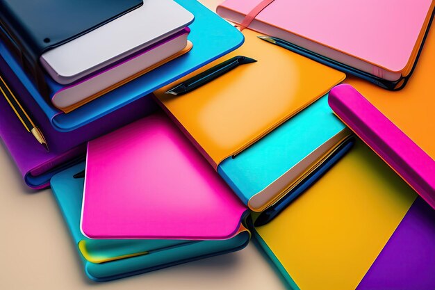Blank notebook on a stack of colorful notebooks Flat lay Copy space