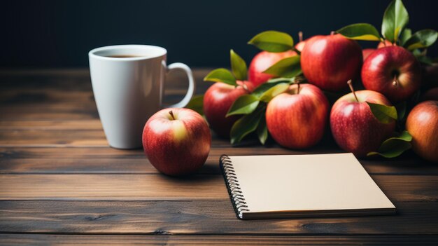 Blank notebook with apple and various stationery generated by AI