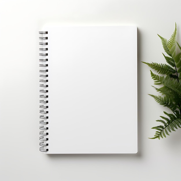 Blank notebook with leaves on white background