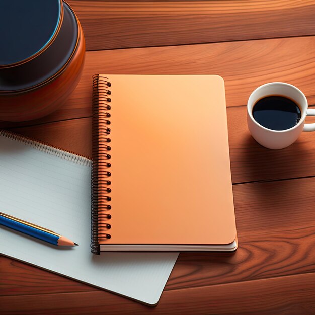 Blank notebook with pen and cup of coffee on the retro office desk