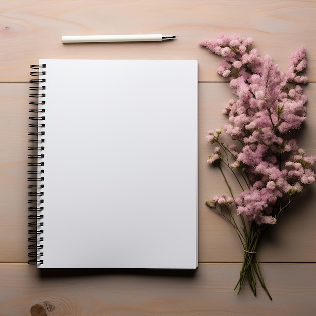 Blank notebook with pen and flowers on wooden background top view