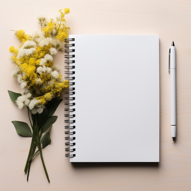 Blank notebook with pen and flowers on wooden background top view