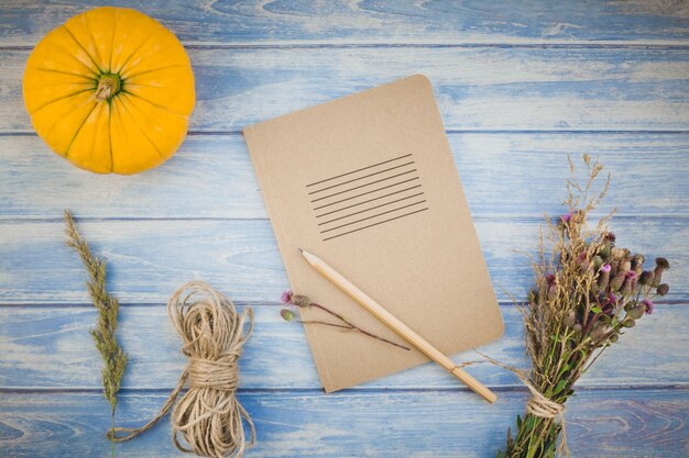 Blank notebook with pencil and autumn pumpkins 