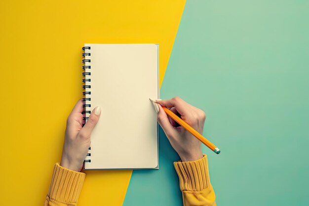 Blank notebook with pencil on yellow and teal for mockup