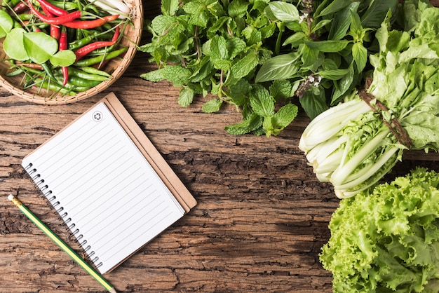 Blank notebook with peppermint, sweet basil, lettuce