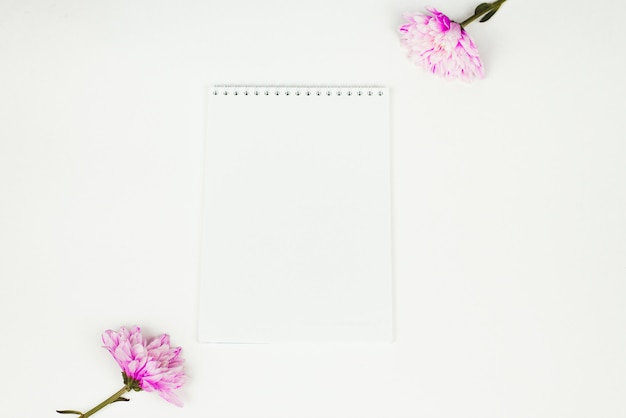 Blank notebook with pink flower on a white background. Top view of little plant with flowers on blank notebook on white fabric workspace background. Copyspace, mockup