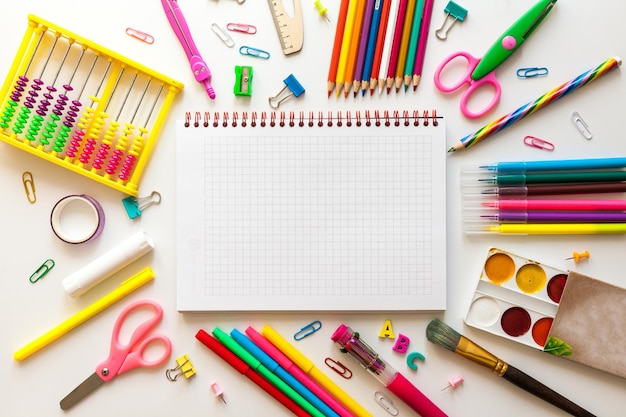 Blank notebook with School office supplies on a desk with copy space