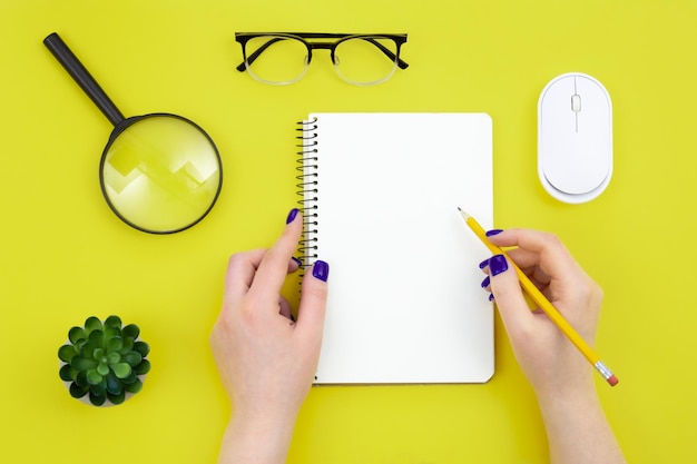 Blank notepad in female hands on a green background flat lay