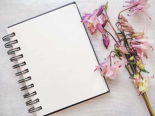 Blank notepad sheet for your congratulatory message. Closeup, view from above. No people. Concept of preparation for a holiday. Congratulations for relatives, friends and colleagues