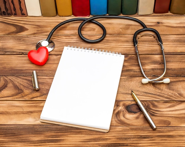 Photo blank notepad with stethoscopered heart and books on wooden table