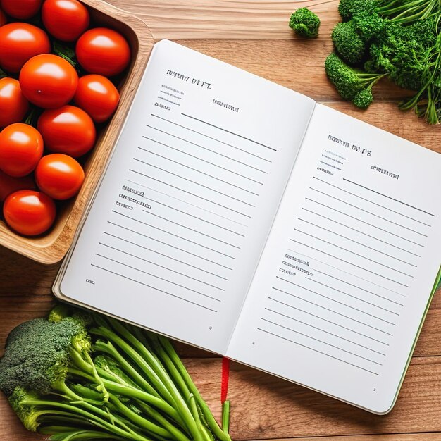 Blank notitieboek met verse groenten kruiden peulvruchten en noten top view Veggie Cooking Concept