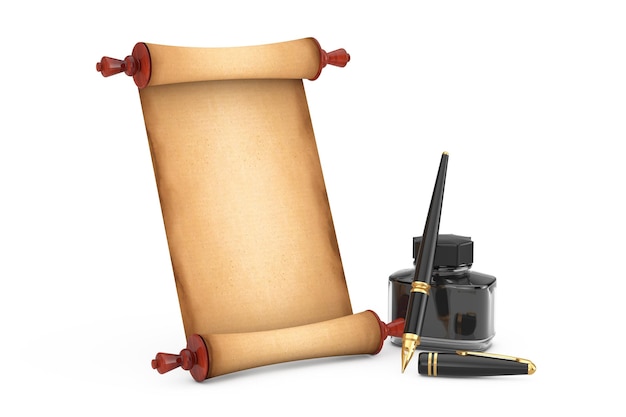 Blank Old Paper Scroll Parchment Mockup and Fountain Pen with Black Ink Bottle on a white background 3d Rendering