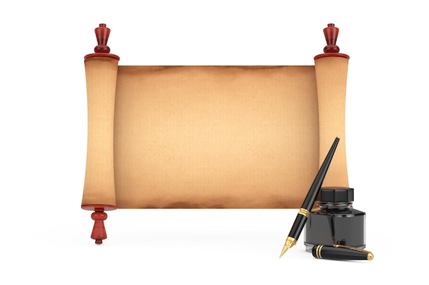 Пустой старый бумажный свиток пергаментный макет и перьевая ручка с бутылкой черных чернил на белом фоне 3d-рендеринг