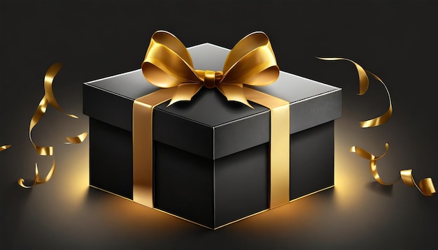 Blank open black gift box or opened black present box with golden ribbons and bow isolated on dark b...