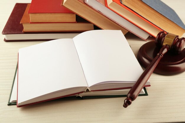 Blank open book with gavel on table