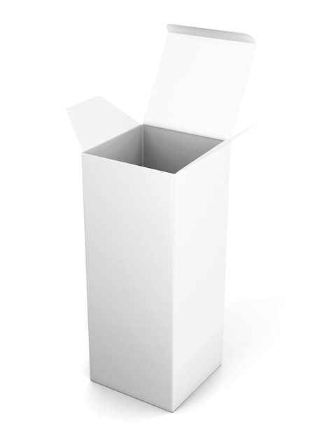 Blank open vertical cardboard box template standing on white. 3d rendering.