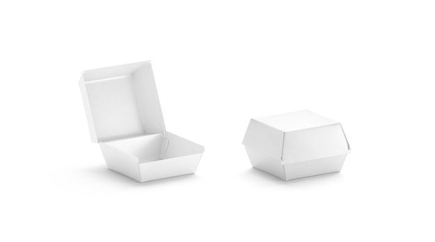 Blank opened and closed white burger box mockup side view Empty chicken wings paper boxed mock up