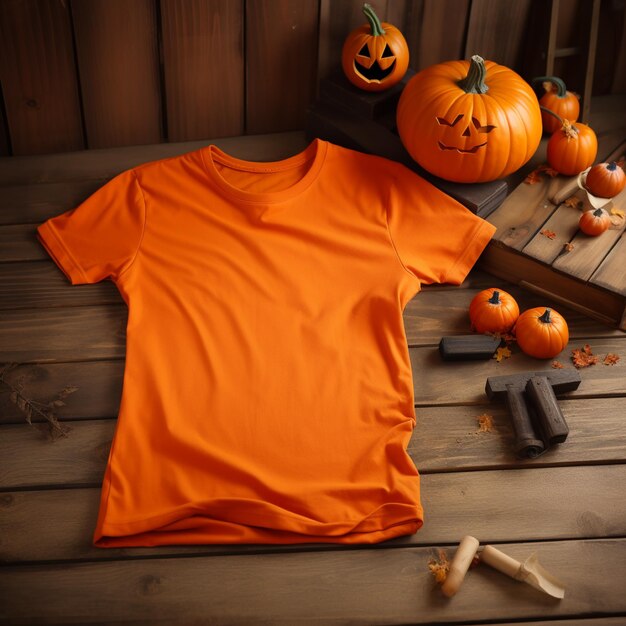 a blank orange t shirt lying in a sleeping position on a wooden table with Halloween ornaments