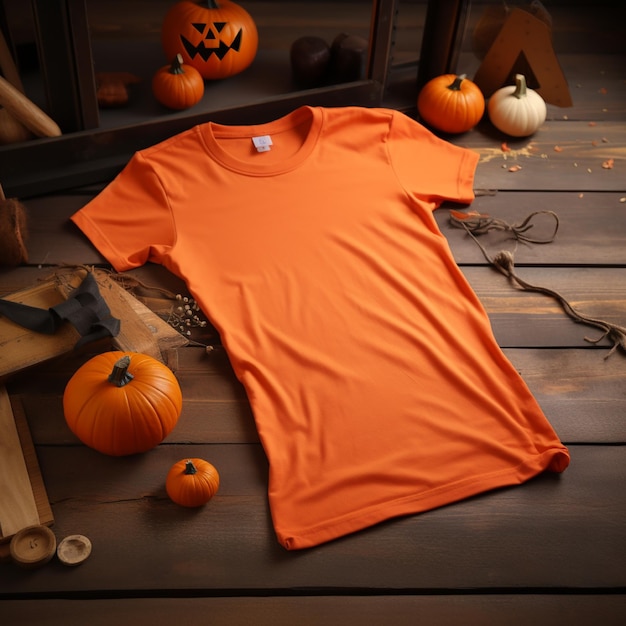 A blank orange t shirt lying in a sleeping position on a wooden table with halloween ornaments