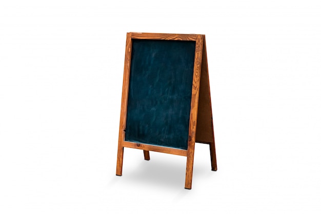 Blank outdoor chalk board stand isolated. Blackboard mock up. Board with wooden frame temp