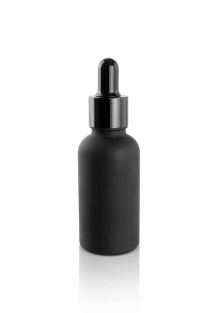 白で隔離される空白の包装黒いガラススポイト血清ボトル