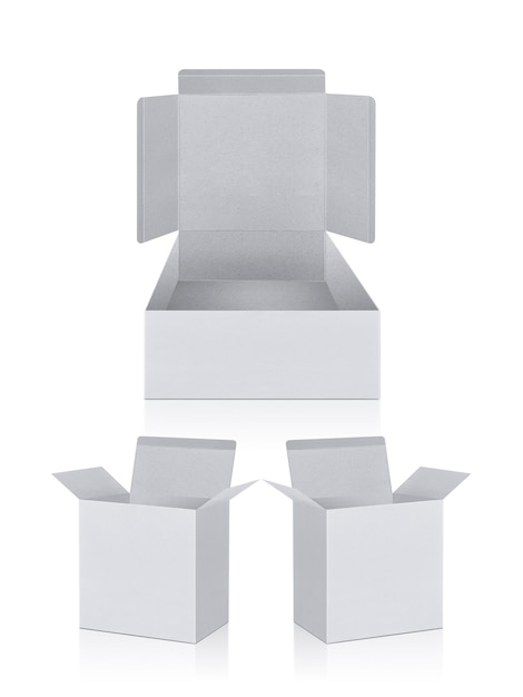 Blank packaging boxes open mockup isolated on white background