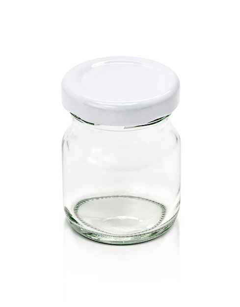 Blank packaging clear glass bottle with white cap isolated on white background