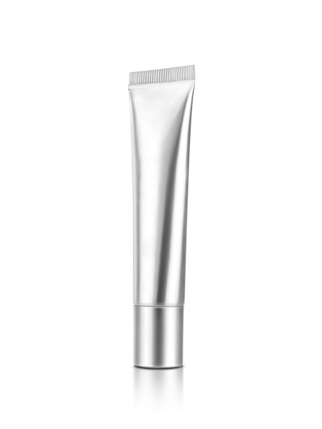 Blank packaging silver metallic tube for cosmetic product design mock-up on white
