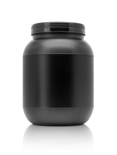 Photo blank packaging whey protein black plastic bottle isolated on white background