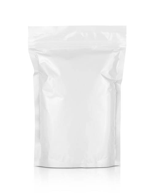 Blank packaging white aluminum foil zipper pouch isolated on white background with clipping path