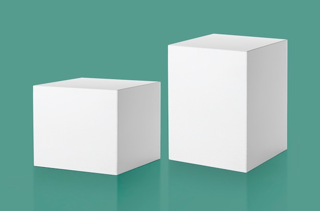 사진 포장 디자인을 위한 준비가 된 녹색 배경에 격리된 빈 포장 흰색 마분지 상자