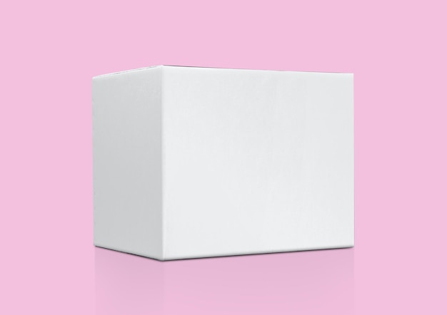 Blank packaging white cardboard box isolated on pink background ready for packaging design