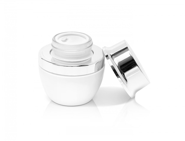 Blank packaging white cosmetic cream pot with silver cap isolated