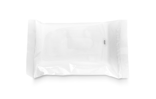 Blank packaging white plastic pouch for wet wipes paper design mock-up isolated on white background with clipping path