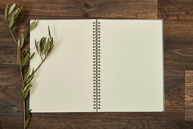 Blank page notebook with olives leaves on wood table