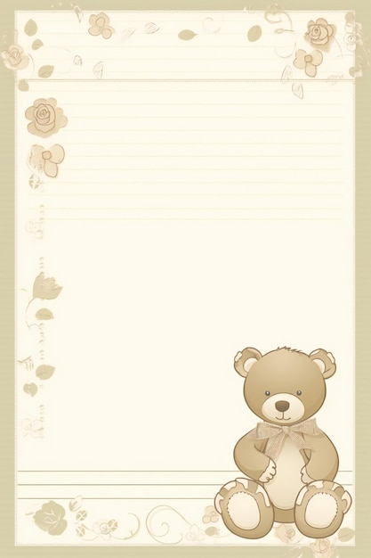 Photo a blank page for a teddy bear with a ribbon and flowers on it.