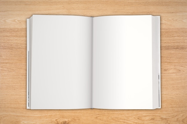 Photo blank pages notebook top view on wooden table