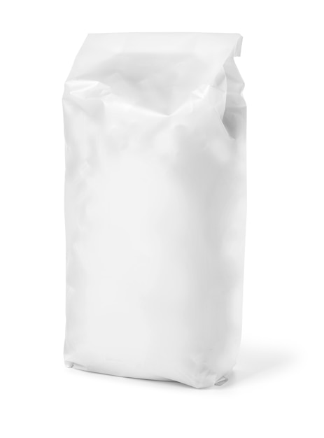 Photo blank paper bag package of flour isolated on white with clipping path