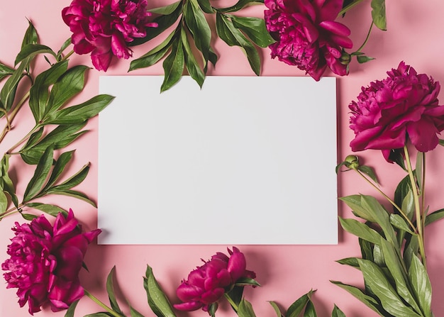 Photo blank paper beautiful burgundy peonies floral background top view flat layout frame of fresh flowers holiday concept