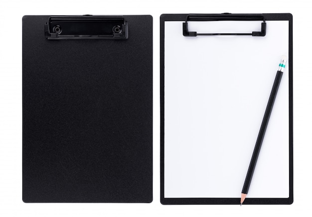 Photo blank paper on black clipboard with space on white background