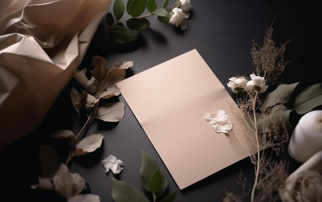 Photo a blank paper on a black table with white flowers and leaves.