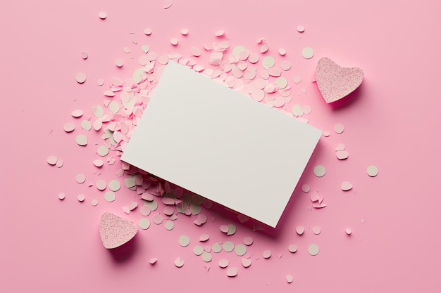 Blank paper card mock up on pink background with pink heart Illustration AI Generative