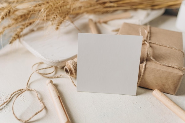 Blank paper card mockup, envelope, rustic style. Eco friendly. Wedding invitation card design, greet