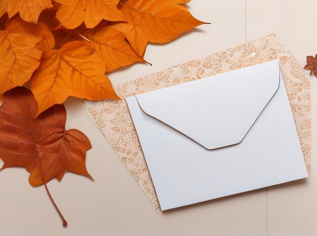 Blank Paper Card Mockup with Brown Fall Leaves Envelope