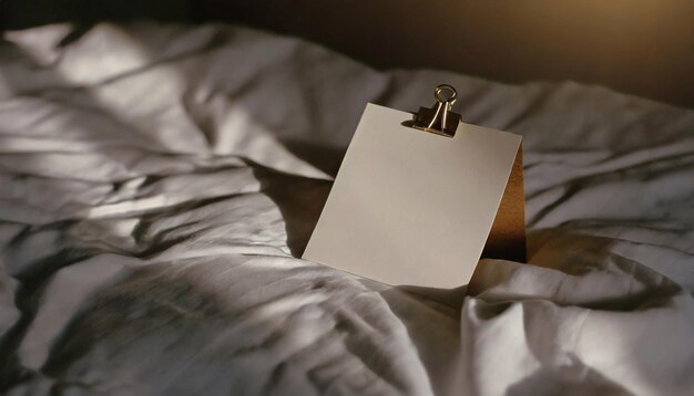 Фото blank paper card on crumpled bedsheet with soft warm sunlight shadows empty note mock up