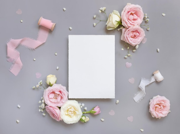 Blank paper card between pink roses and pink silk ribbons on grey top view wedding mockup